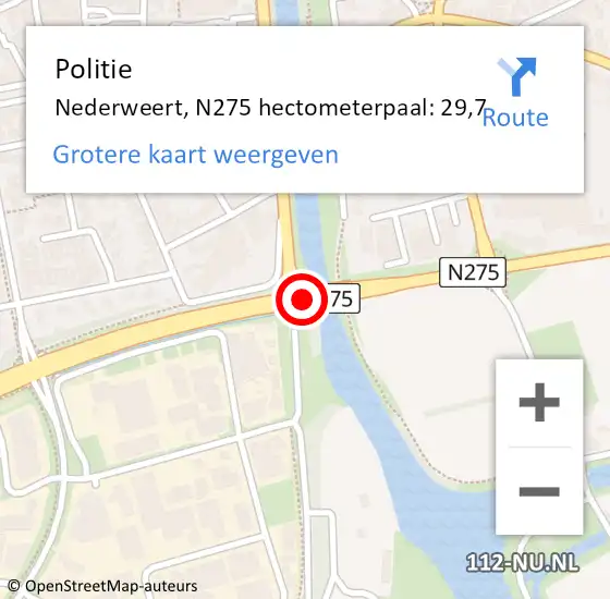 Locatie op kaart van de 112 melding: Politie Nederweert, N275 hectometerpaal: 29,7 op 26 april 2023 08:48