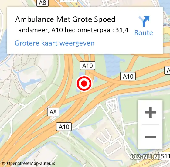 Locatie op kaart van de 112 melding: Ambulance Met Grote Spoed Naar Landsmeer, A10 hectometerpaal: 31,4 op 26 april 2023 14:44