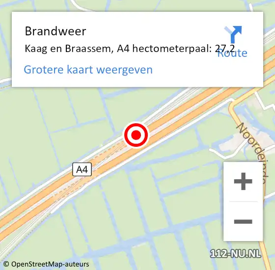 Locatie op kaart van de 112 melding: Brandweer Kaag en Braassem, A4 hectometerpaal: 27,2 op 26 april 2023 15:53