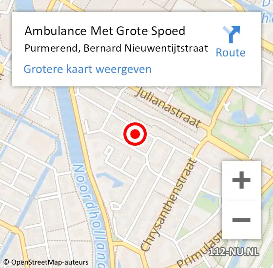 Locatie op kaart van de 112 melding: Ambulance Met Grote Spoed Naar Purmerend, Bernard Nieuwentijtstraat op 26 april 2023 15:55