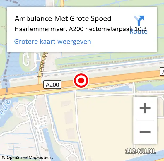 Locatie op kaart van de 112 melding: Ambulance Met Grote Spoed Naar Haarlemmermeer, A200 hectometerpaal: 10,3 op 26 april 2023 16:09