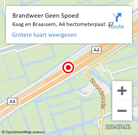 Locatie op kaart van de 112 melding: Brandweer Geen Spoed Naar Kaag en Braassem, A4 hectometerpaal: 27 op 26 april 2023 18:39