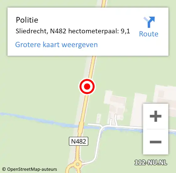 Locatie op kaart van de 112 melding: Politie Sliedrecht, N482 hectometerpaal: 9,1 op 26 april 2023 19:36