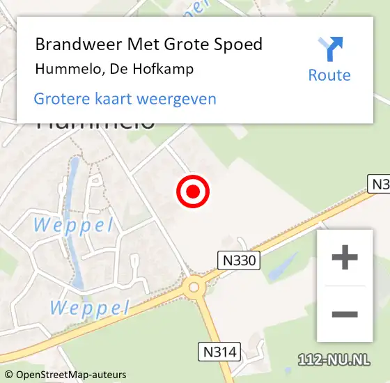 Locatie op kaart van de 112 melding: Brandweer Met Grote Spoed Naar Hummelo, De Hofkamp op 26 april 2023 19:51