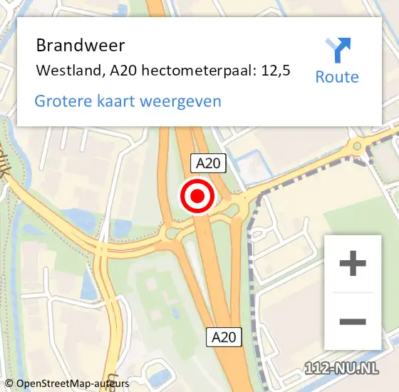 Locatie op kaart van de 112 melding: Brandweer Westland, A20 hectometerpaal: 12,5 op 26 april 2023 20:51