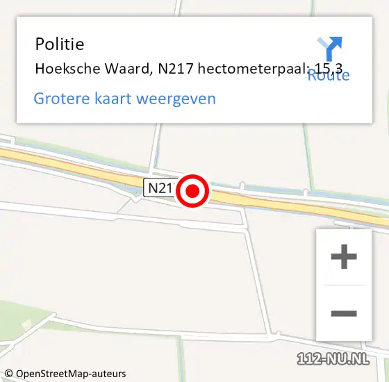 Locatie op kaart van de 112 melding: Politie Hoeksche Waard, N217 hectometerpaal: 15,3 op 26 april 2023 21:55