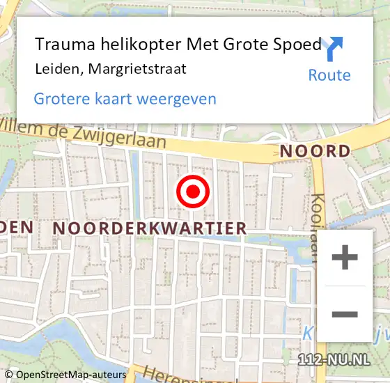 Locatie op kaart van de 112 melding: Trauma helikopter Met Grote Spoed Naar Leiden, Margrietstraat op 27 april 2023 02:42