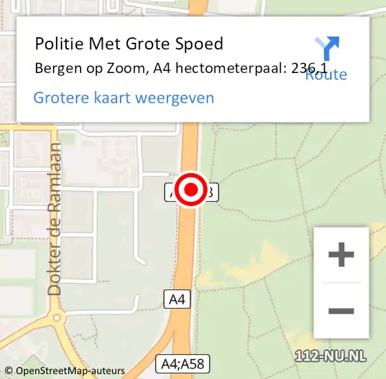 Locatie op kaart van de 112 melding: Politie Met Grote Spoed Naar Bergen op Zoom, A4 hectometerpaal: 236,1 op 27 april 2023 11:50