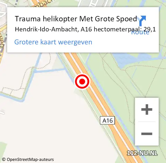 Locatie op kaart van de 112 melding: Trauma helikopter Met Grote Spoed Naar Hendrik-Ido-Ambacht, A16 hectometerpaal: 29,1 op 27 april 2023 14:09