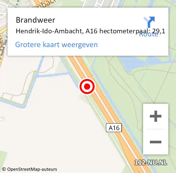 Locatie op kaart van de 112 melding: Brandweer Hendrik-Ido-Ambacht, A16 hectometerpaal: 29,1 op 27 april 2023 14:12