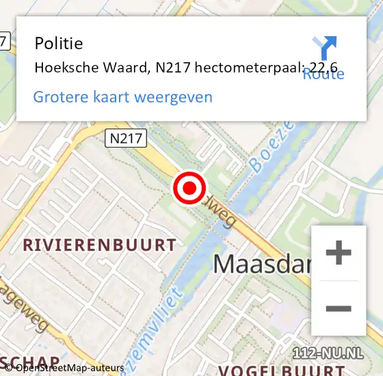 Locatie op kaart van de 112 melding: Politie Hoeksche Waard, N217 hectometerpaal: 22,6 op 27 april 2023 14:18