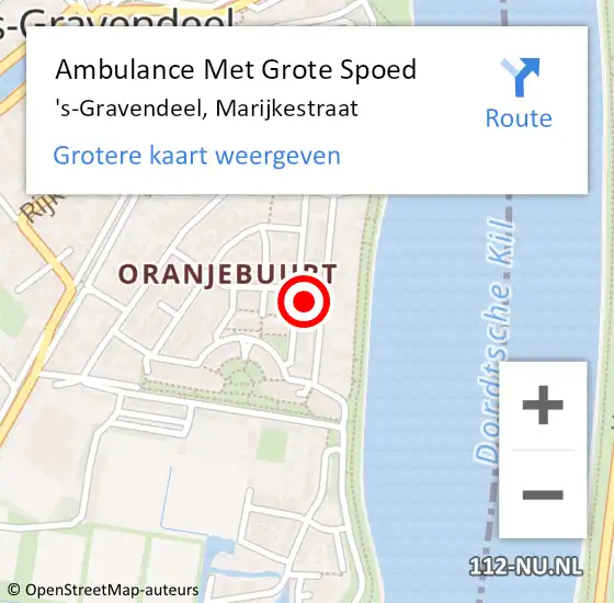 Locatie op kaart van de 112 melding: Ambulance Met Grote Spoed Naar 's-Gravendeel, Marijkestraat op 27 april 2023 17:28