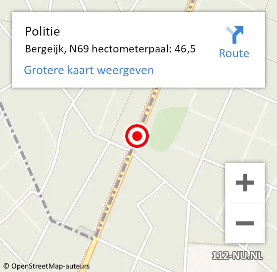 Locatie op kaart van de 112 melding: Politie Bergeijk, N69 hectometerpaal: 46,5 op 27 april 2023 18:15