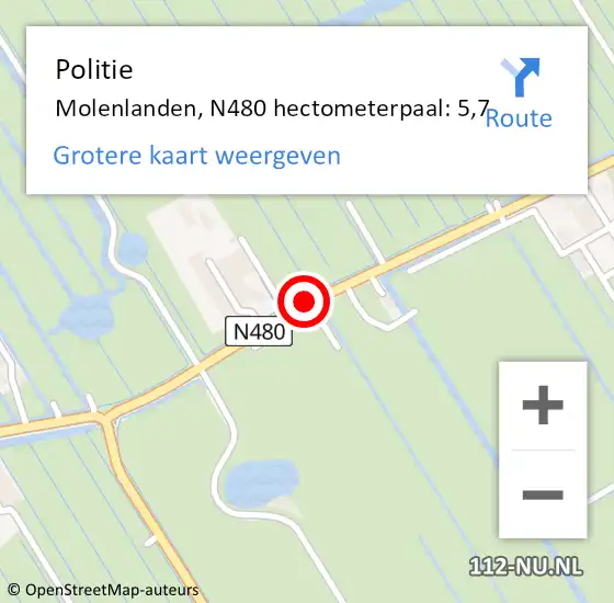 Locatie op kaart van de 112 melding: Politie Molenlanden, N480 hectometerpaal: 5,7 op 27 april 2023 19:11