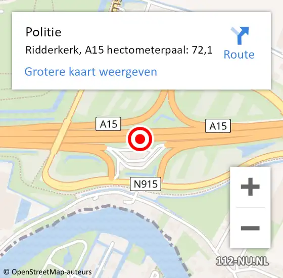 Locatie op kaart van de 112 melding: Politie Hendrik-Ido-Ambacht, A15 hectometerpaal: 72,1 op 28 april 2023 02:36