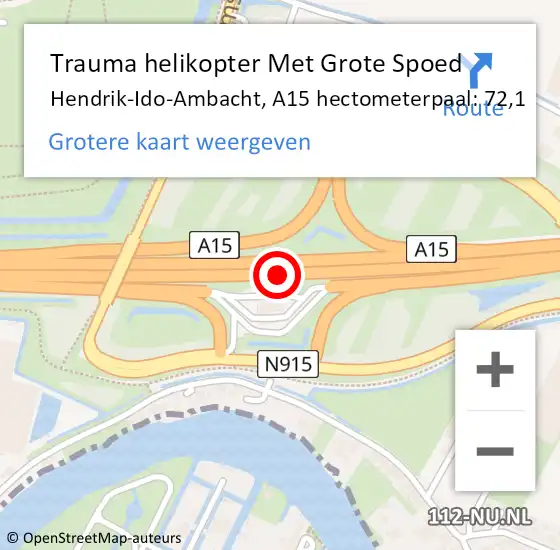 Locatie op kaart van de 112 melding: Trauma helikopter Met Grote Spoed Naar Hendrik-Ido-Ambacht, A15 hectometerpaal: 72,1 op 28 april 2023 02:37