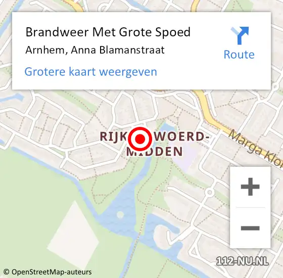 Locatie op kaart van de 112 melding: Brandweer Met Grote Spoed Naar Arnhem, Anna Blamanstraat op 28 april 2023 03:46