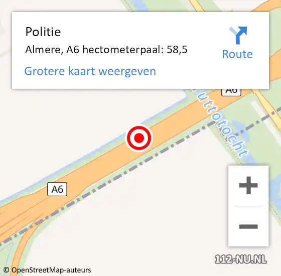 Locatie op kaart van de 112 melding: Politie Almere, A6 hectometerpaal: 58,5 op 28 april 2023 05:32