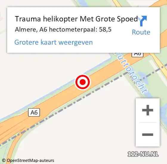 Locatie op kaart van de 112 melding: Trauma helikopter Met Grote Spoed Naar Almere, A6 hectometerpaal: 58,5 op 28 april 2023 05:35
