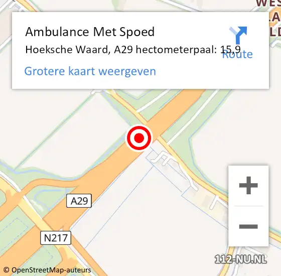 Locatie op kaart van de 112 melding: Ambulance Met Spoed Naar Hoeksche Waard, A29 hectometerpaal: 15,9 op 28 april 2023 12:36