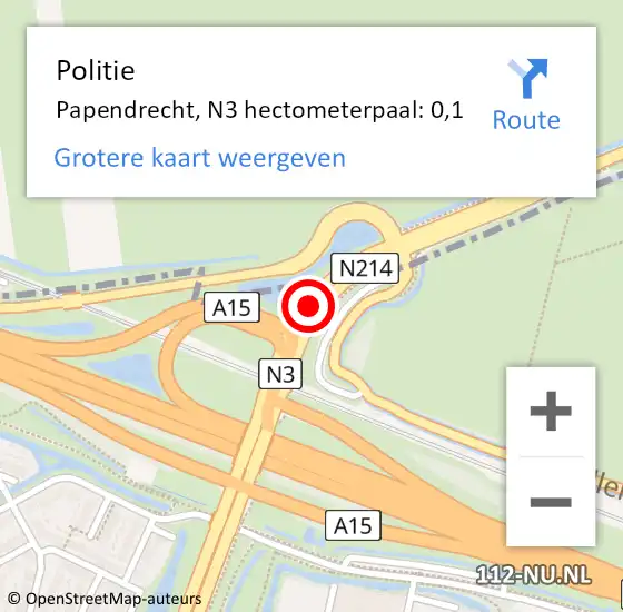 Locatie op kaart van de 112 melding: Politie Papendrecht, N3 hectometerpaal: 0,1 op 28 april 2023 12:39