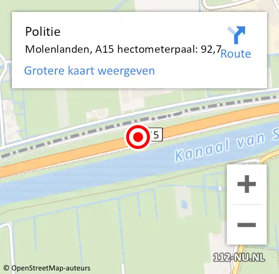 Locatie op kaart van de 112 melding: Politie Molenlanden, A15 hectometerpaal: 92,7 op 28 april 2023 12:46