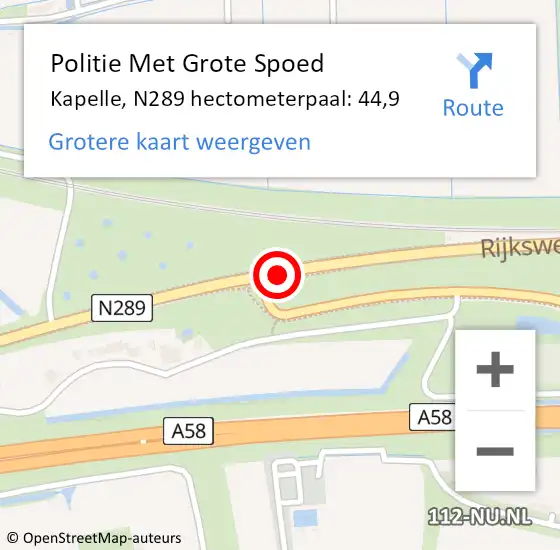 Locatie op kaart van de 112 melding: Politie Met Grote Spoed Naar Kapelle, N289 hectometerpaal: 44,9 op 28 april 2023 14:09