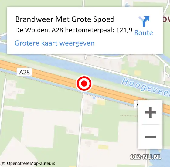 Locatie op kaart van de 112 melding: Brandweer Met Grote Spoed Naar De Wolden, A28 hectometerpaal: 121,9 op 28 april 2023 15:16