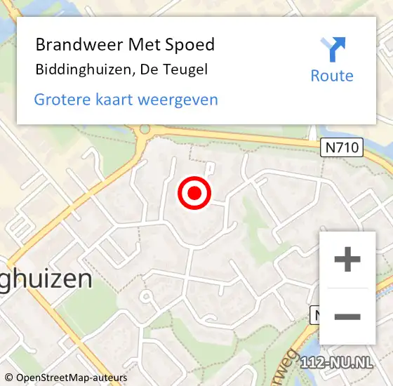 Locatie op kaart van de 112 melding: Brandweer Met Spoed Naar Biddinghuizen, De Teugel op 28 april 2023 21:05