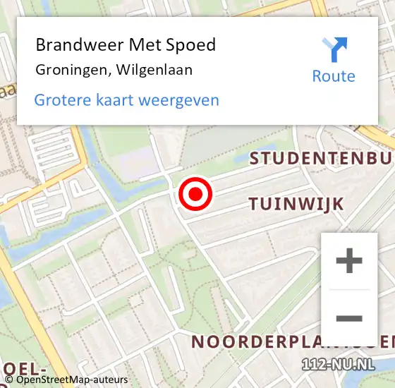 Locatie op kaart van de 112 melding: Brandweer Met Spoed Naar Groningen, Wilgenlaan op 29 april 2023 00:42