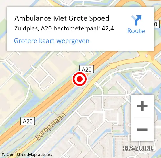 Locatie op kaart van de 112 melding: Ambulance Met Grote Spoed Naar Zuidplas, A20 hectometerpaal: 42,4 op 29 april 2023 00:49