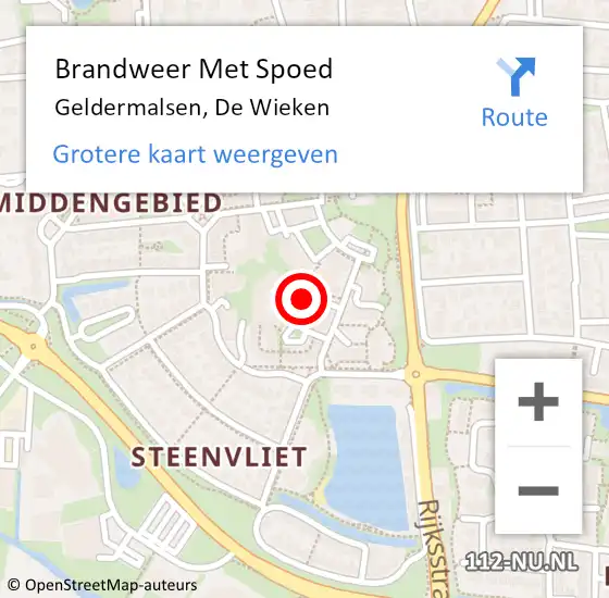 Locatie op kaart van de 112 melding: Brandweer Met Spoed Naar Geldermalsen, De Wieken op 29 april 2023 09:35