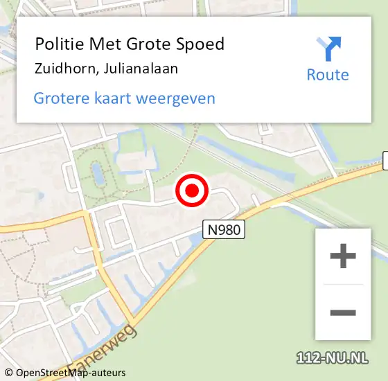 Locatie op kaart van de 112 melding: Politie Met Grote Spoed Naar Zuidhorn, Julianalaan op 29 april 2023 10:12