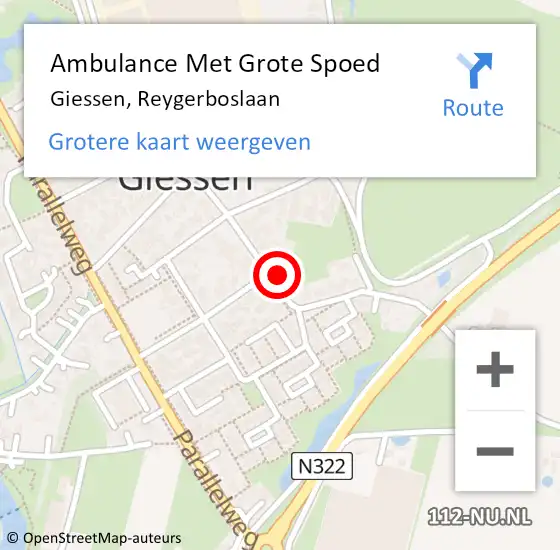 Locatie op kaart van de 112 melding: Ambulance Met Grote Spoed Naar Giessen, Reygerboslaan op 29 april 2023 10:25