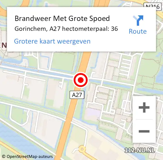 Locatie op kaart van de 112 melding: Brandweer Met Grote Spoed Naar Gorinchem, A27 hectometerpaal: 36 op 29 april 2023 10:33