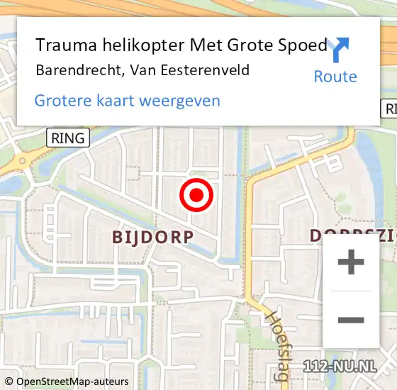 Locatie op kaart van de 112 melding: Trauma helikopter Met Grote Spoed Naar Barendrecht, Van Eesterenveld op 29 april 2023 10:49