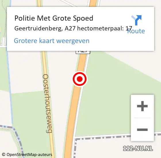 Locatie op kaart van de 112 melding: Politie Met Grote Spoed Naar Geertruidenberg, A27 hectometerpaal: 17 op 29 april 2023 11:53