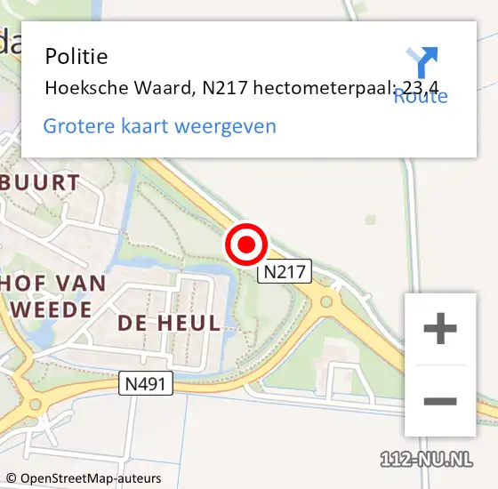 Locatie op kaart van de 112 melding: Politie Hoeksche Waard, N217 hectometerpaal: 23,4 op 29 april 2023 11:55