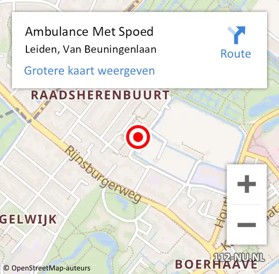 Locatie op kaart van de 112 melding: Ambulance Met Spoed Naar Leiden, Van Beuningenlaan op 29 april 2023 13:08