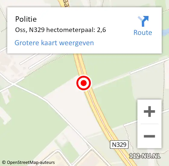 Locatie op kaart van de 112 melding: Politie Oss, N329 hectometerpaal: 2,6 op 29 april 2023 13:25