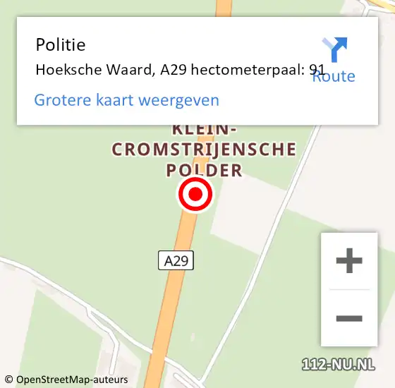 Locatie op kaart van de 112 melding: Politie Hoeksche Waard, A29 hectometerpaal: 91 op 29 april 2023 13:44