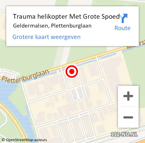 Locatie op kaart van de 112 melding: Trauma helikopter Met Grote Spoed Naar Geldermalsen, Plettenburglaan op 29 april 2023 13:56