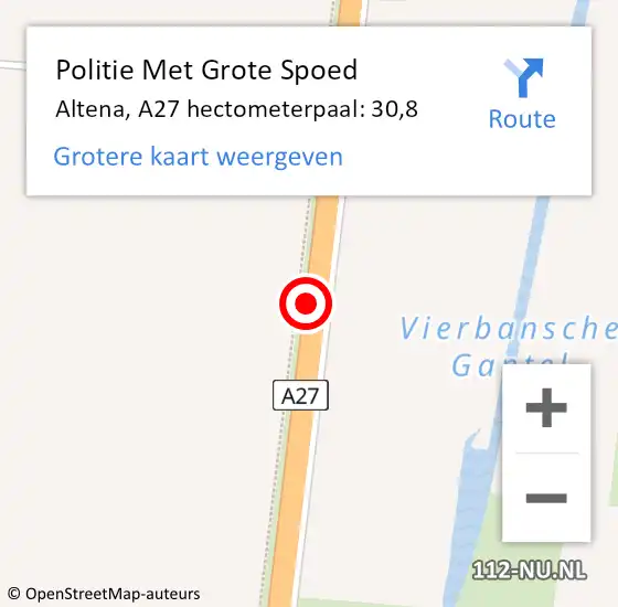 Locatie op kaart van de 112 melding: Politie Met Grote Spoed Naar Altena, A27 hectometerpaal: 30,8 op 29 april 2023 14:27