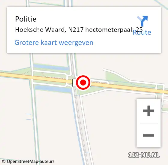 Locatie op kaart van de 112 melding: Politie Hoeksche Waard, N217 hectometerpaal: 25 op 29 april 2023 15:48