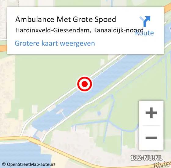 Locatie op kaart van de 112 melding: Ambulance Met Grote Spoed Naar Hardinxveld-Giessendam, Kanaaldijk-noord op 29 april 2023 16:35