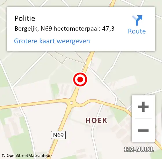 Locatie op kaart van de 112 melding: Politie Bergeijk, N69 hectometerpaal: 47,3 op 29 april 2023 16:37