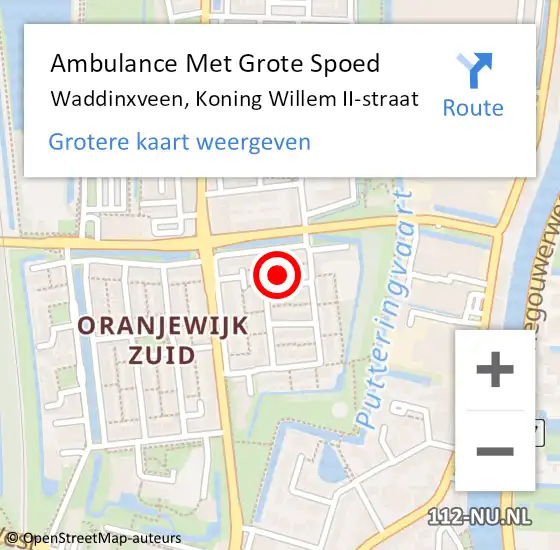 Locatie op kaart van de 112 melding: Ambulance Met Grote Spoed Naar Waddinxveen, Koning Willem II-straat op 29 april 2023 18:25