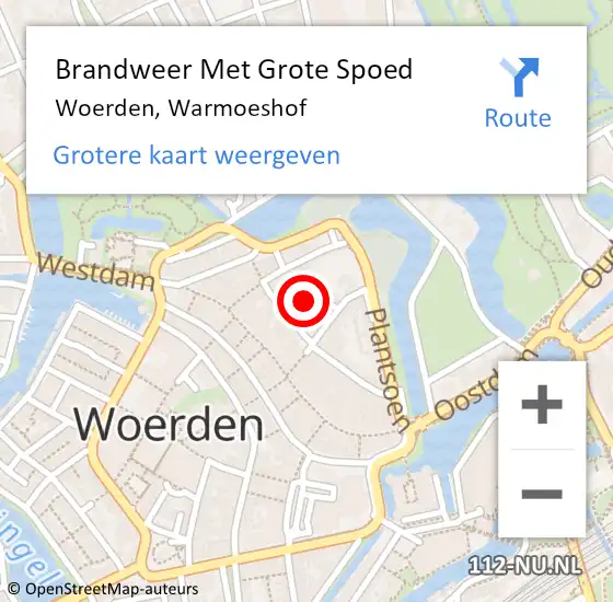 Locatie op kaart van de 112 melding: Brandweer Met Grote Spoed Naar Woerden, Warmoeshof op 29 april 2023 20:03