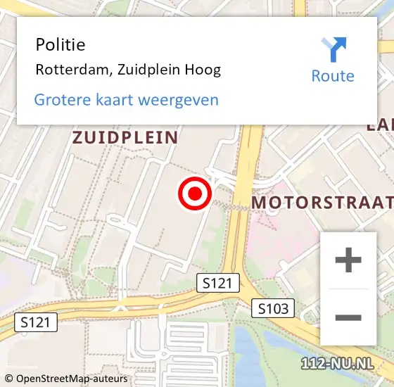 Locatie op kaart van de 112 melding: Politie Rotterdam, Zuidplein Hoog op 29 april 2023 23:38