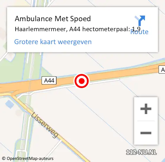 Locatie op kaart van de 112 melding: Ambulance Met Spoed Naar Haarlemmermeer, A44 hectometerpaal: 1,9 op 30 april 2023 07:44